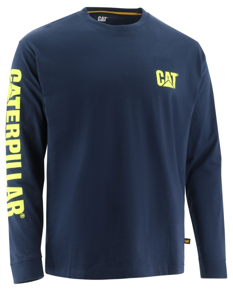 Bandeira De Marca Registrada Masculina Azul Manga Longa Tee Cat Calçados